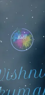 Colorful Holi festival wallpaper with stars and text on a dark blue background.