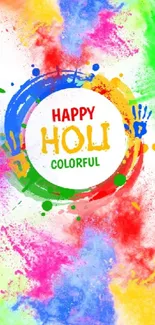 Vibrant Holi wallpaper with colorful splashes and handprints.