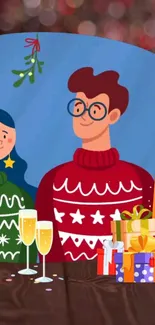 Cartoon couple with gifts in holiday setting.