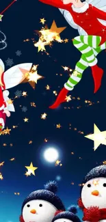 Festive holiday wallpaper with whimsical characters and stars, perfect for mobile.