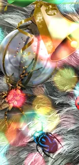 Colorful insects and holiday ornaments on feathers wallpaper.