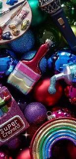 Colorful holiday ornaments with festive decorations and vibrant hues.