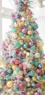 Festive colorful Christmas tree with pastel ornaments.