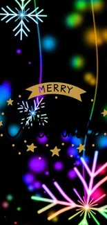 Colorful neon snowflakes with 'Merry' banner on black background.