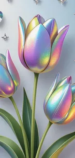 Holographic tulips with pastel background.