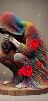 Colorful hooded sculpture with red roses on a wooden platform.