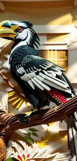 Colorful hornbill art with intricate paper cut details in vibrant design.