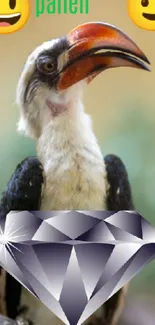 Hornbill with diamond on pale background.