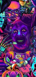 Neon collage of iconic horror figures in vibrant colors.