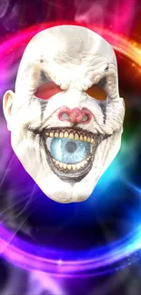 Vivid clown mask with colorful glowing background.