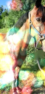 Majestic horse with colorful lighting effects in nature.