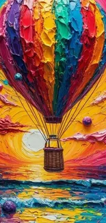 Colorful hot air balloon painting with a sunset background.