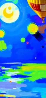 Vivid abstract art with hot air balloon and moonlit sky.