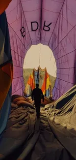 Inside a colorful hot air balloon with vibrant hues.