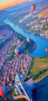 Aerial view of colorful hot air balloons over a vibrant city and river landscape.