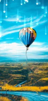 Hot air balloon floating in a vibrant landscape under a starry sky.