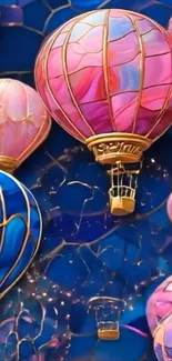 Vibrant hot air balloons float against a deep blue sky.