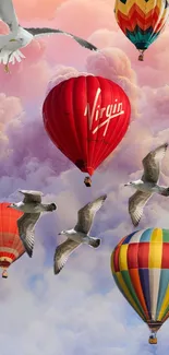 Colorful hot air balloons and seagulls flying over a cloud-filled sky.