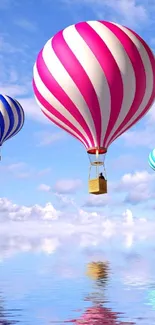 Colorful hot air balloons reflected over a calm blue sky.