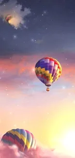 Colorful hot air balloons float in a stunning sunset sky.