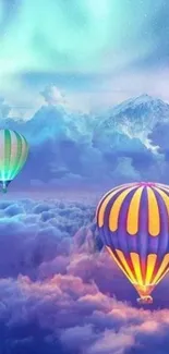 Colorful hot air balloons floating in the sky with mountains and clouds.