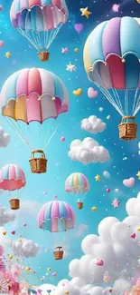 Whimsical hot air balloons float among clouds and hearts in a colorful sky.