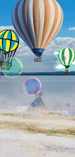 Whimsical hot air balloons over a serene lake with a blue sky.