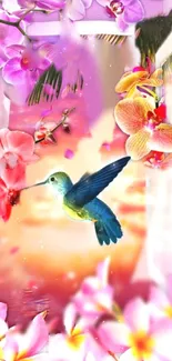 Colorful hummingbird with pink and purple orchids wallpaper.