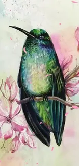 Watercolor hummingbird perched among blossoms with green and pink hues.