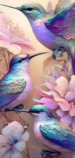 Artistic depiction of colorful hummingbirds and blossoms.