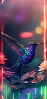 Colorful hummingbird in a vibrant floral setting.