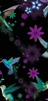 Vibrant hummingbird floral wallpaper design.