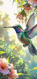 Vibrant hummingbird amidst colorful blooms in a garden.