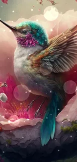 A colorful hummingbird surrounded by delicate pink petals.