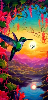 Hummingbird amid vibrant flowers at sunset in artistic wallpaper.