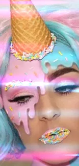 Vibrant ice cream themed face art with pastel colors.