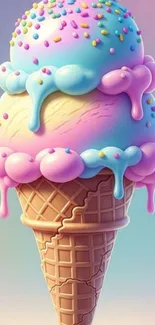Colorful pastel ice cream cone with sprinkles.