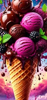 Vibrant ice cream cone with berries and splashes of color.