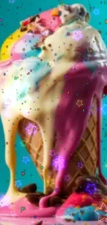 Colorful melting ice cream cone with stars on teal background.