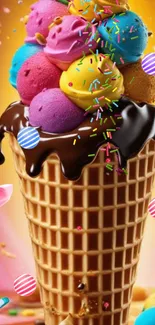 Colorful ice cream cone with chocolate syrup and sprinkles on a vibrant background.