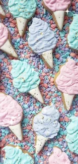 Pastel ice cream cones on colorful pebbles wallpaper.