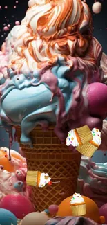 Vibrant ice cream cone with swirls and cupcakes.