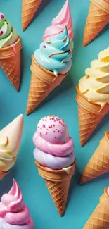 Colorful ice cream cones on turquoise background.