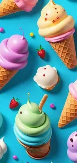 Colorful ice cream cones against a bright blue background.