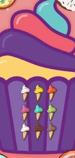 Colorful cupcake with ice cream cones on pink background.