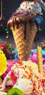 Vivid ice cream cone art with chocolate and strawberries.