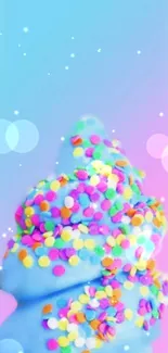 Colorful ice cream cone with pastel sprinkles and sky blue background.