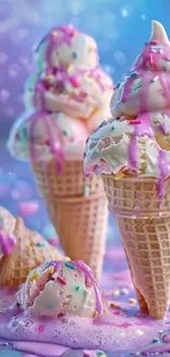 Colorful ice cream cones with sprinkles.