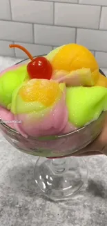 Colorful ice cream topped with a cherry in a glass dish.