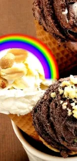 Chocolate and vanilla ice cream cones with a rainbow accent on a cone background.
